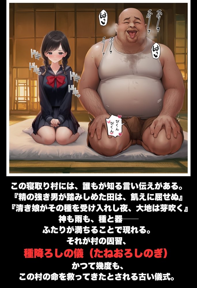【因習村】村の飢饉を救うため差し出された僕の彼女、BMI40越えの性欲だけはいっちょ前の種付けおじさんに媚薬を飲まされ、おじさん特有のねちっこい前戯で全身べちょべちょに舐められた挙げ句、聖なる肉棒（チンカス付き）の掃除を実施！その後は遂に処女おまんこにゴールイン！入念かつ丹念にがん突きにされ、イキまくりんぐ！一晩中汗だくで連続絶頂アクメを決めさせられた話 無料エロ漫画 raw エロ同人誌画像 003